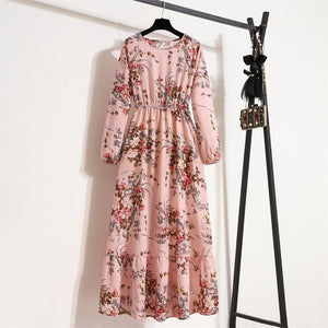 Elegant Floral Chiffon Maxi Dress – Round Neck, Long Sleeve, High - Waist A - Line Design - Negative Apparel