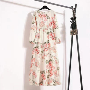 Elegant Floral Chiffon Maxi Dress – Round Neck, Long Sleeve, High - Waist A - Line Design - Negative Apparel