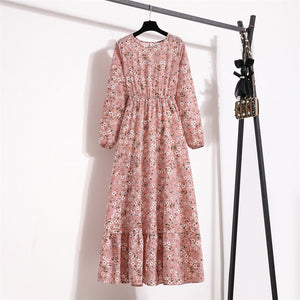Elegant Floral Chiffon Maxi Dress – Round Neck, Long Sleeve, High - Waist A - Line Design - Negative Apparel