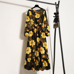 Elegant Floral Chiffon Maxi Dress – Round Neck, Long Sleeve, High - Waist A - Line Design - Negative Apparel