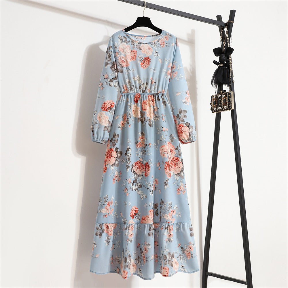 Elegant Floral Chiffon Maxi Dress – Round Neck, Long Sleeve, High - Waist A - Line Design - Negative Apparel