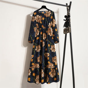 Elegant Floral Chiffon Maxi Dress – Round Neck, Long Sleeve, High - Waist A - Line Design - Negative Apparel