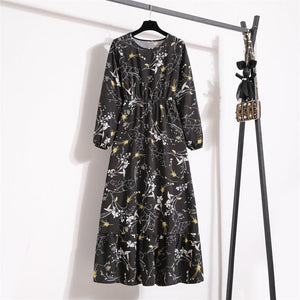 Elegant Floral Chiffon Maxi Dress – Round Neck, Long Sleeve, High - Waist A - Line Design - Negative Apparel