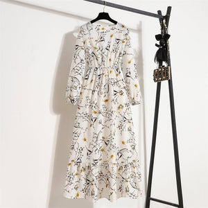 Elegant Floral Chiffon Maxi Dress – Round Neck, Long Sleeve, High - Waist A - Line Design - Negative Apparel