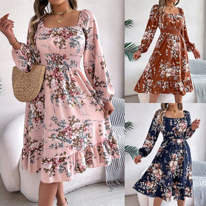 Elegant flower square collar long sleeve waist ruffled A - line dress - Negative Apparel