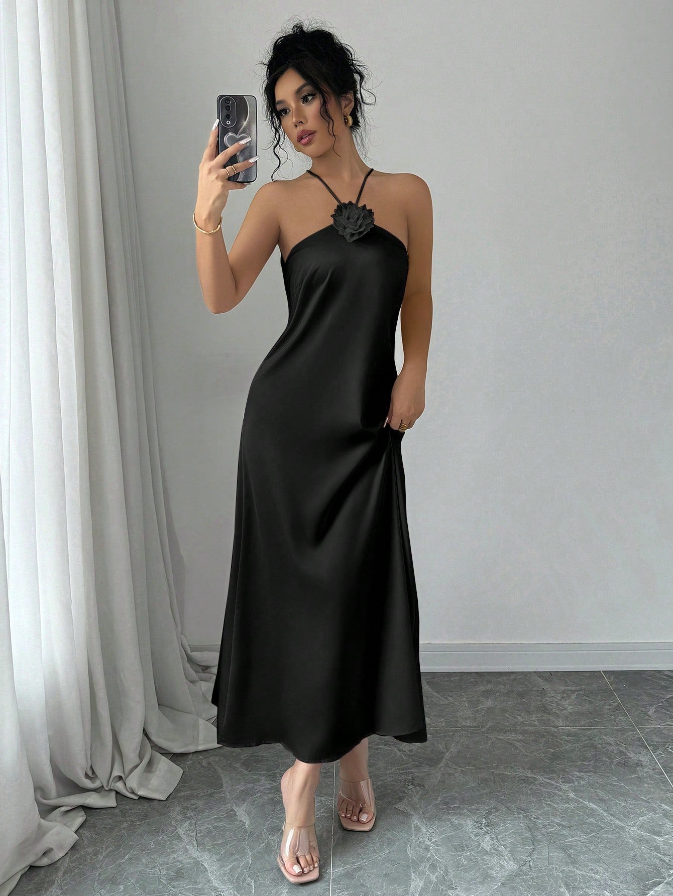 Elegant Halter Neck 3D Floral Decor Satin Waisted Dress Maxi Women Outfit - Negative Apparel