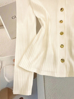 Elegant Knitted Long Sleeve Button Decorated Women T-Shirt Fall Cloth For Women - Negative Apparel