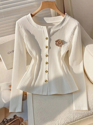 Elegant Knitted Long Sleeve Button Decorated Women T-Shirt Fall Cloth For Women - Negative Apparel