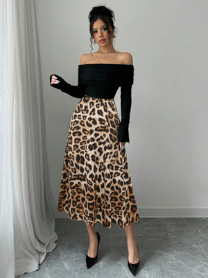 Elegant Knitted Off Shoulder Ribbed Top + Women Graceful Casual Versatile Leopard Print Satin Skirt - Negative Apparel