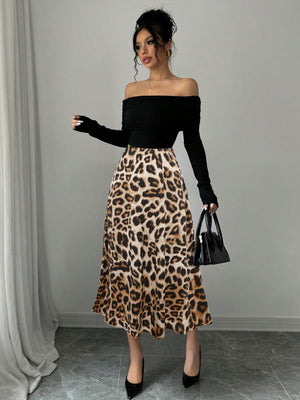Elegant Knitted Off Shoulder Ribbed Top + Women Graceful Casual Versatile Leopard Print Satin Skirt - Negative Apparel