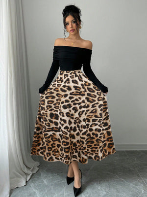 Elegant Knitted Off Shoulder Ribbed Top + Women Graceful Casual Versatile Leopard Print Satin Skirt - Negative Apparel