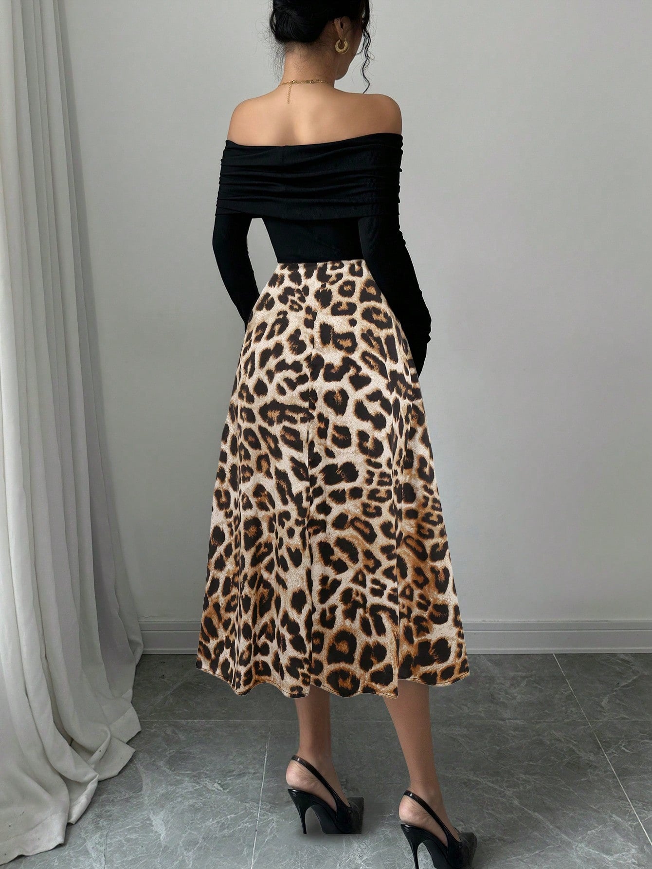 Elegant Knitted Off Shoulder Ribbed Top + Women Graceful Casual Versatile Leopard Print Satin Skirt - Negative Apparel