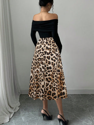 Elegant Knitted Off Shoulder Ribbed Top + Women Graceful Casual Versatile Leopard Print Satin Skirt - Negative Apparel