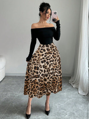 Elegant Knitted Off Shoulder Ribbed Top + Women Graceful Casual Versatile Leopard Print Satin Skirt - Negative Apparel