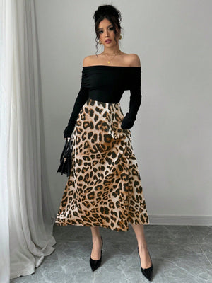 Elegant Knitted Off Shoulder Ribbed Top + Women Graceful Casual Versatile Leopard Print Satin Skirt - Negative Apparel