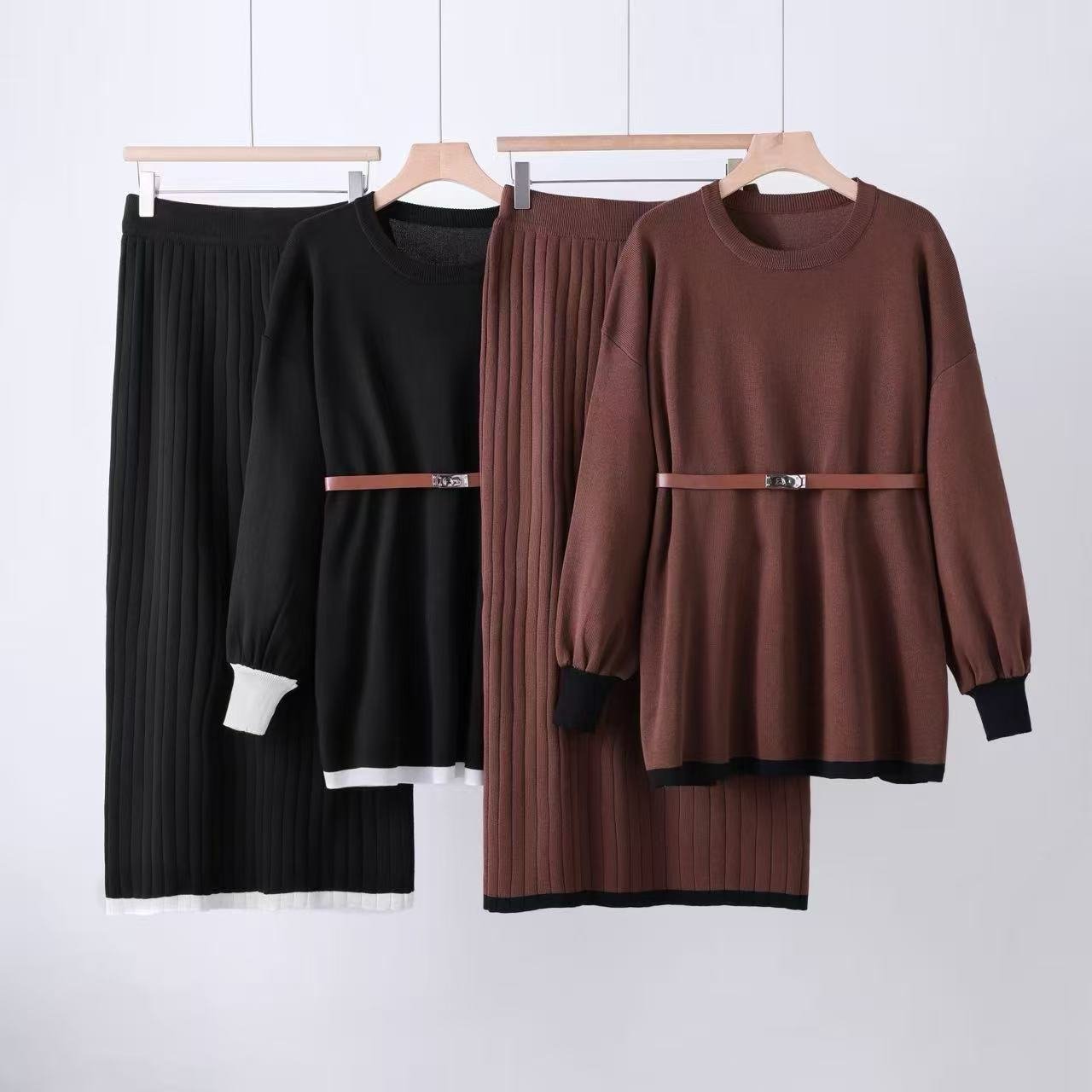 Elegant knitted skirt solid color belt lantern sleeve top skirt two - piece set - Negative Apparel