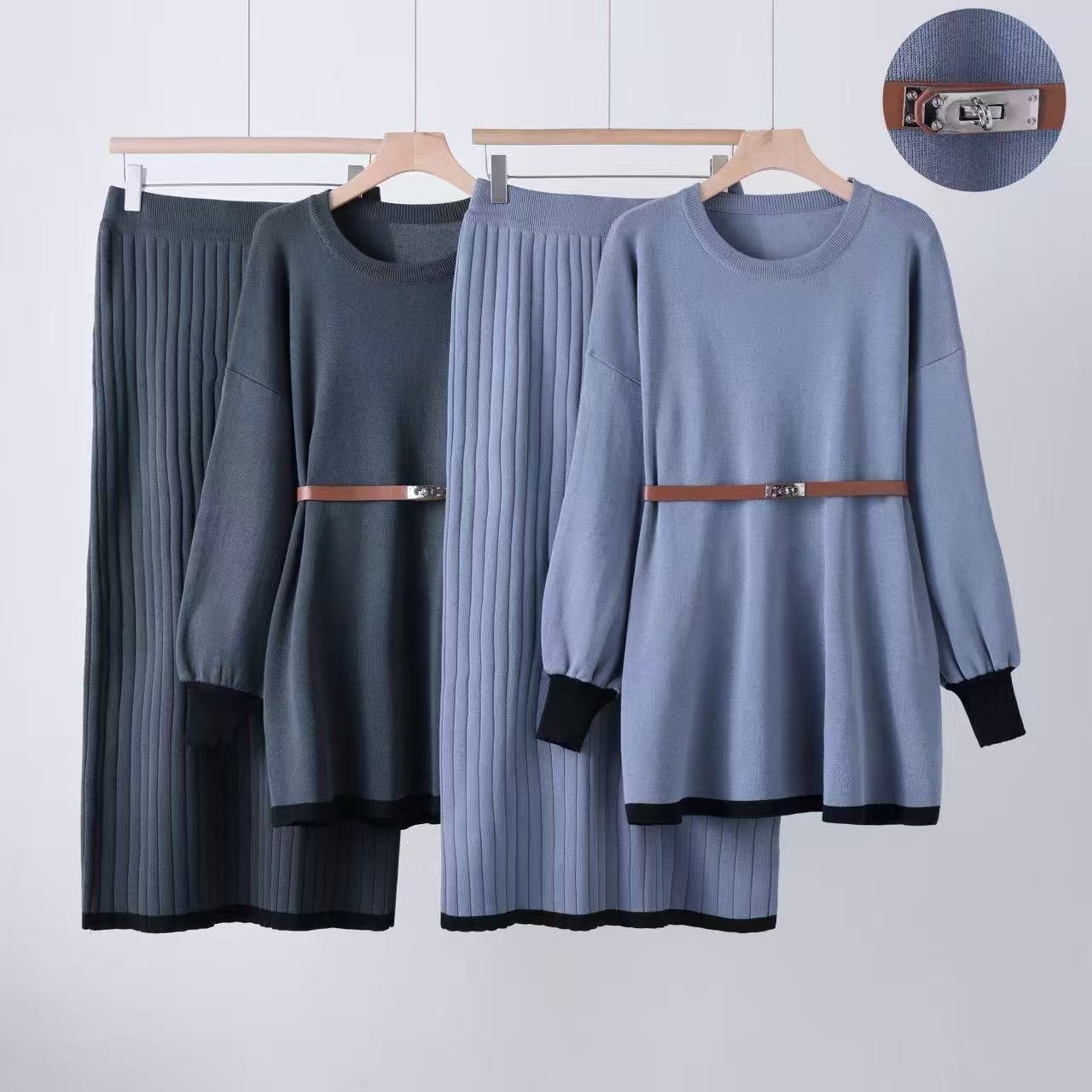 Elegant knitted skirt solid color belt lantern sleeve top skirt two - piece set - Negative Apparel