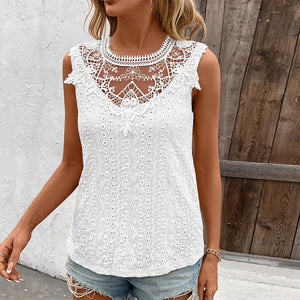 Elegant lace collar splicing small vest women's spring and summer solid color hook flower suspender top - Negative Apparel