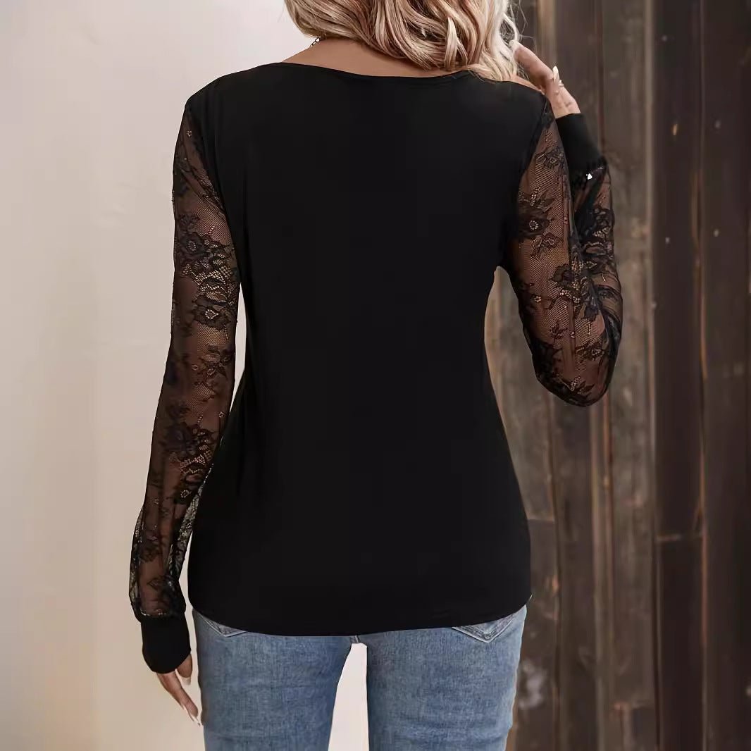 Elegant lace lace V - neck splicing loose long - sleeved solid color T-shirt slim top - Negative Apparel