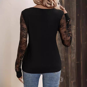 Elegant lace lace V - neck splicing loose long - sleeved solid color T-shirt slim top - Negative Apparel