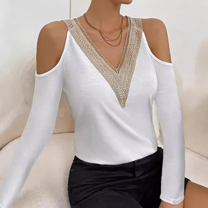 Elegant lace V - neck applique sleeves hollow long - sleeved solid color T-shirt slim top women - Negative Apparel