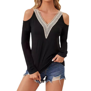 Elegant lace V - neck applique sleeves hollow long - sleeved solid color T-shirt slim top women - Negative Apparel