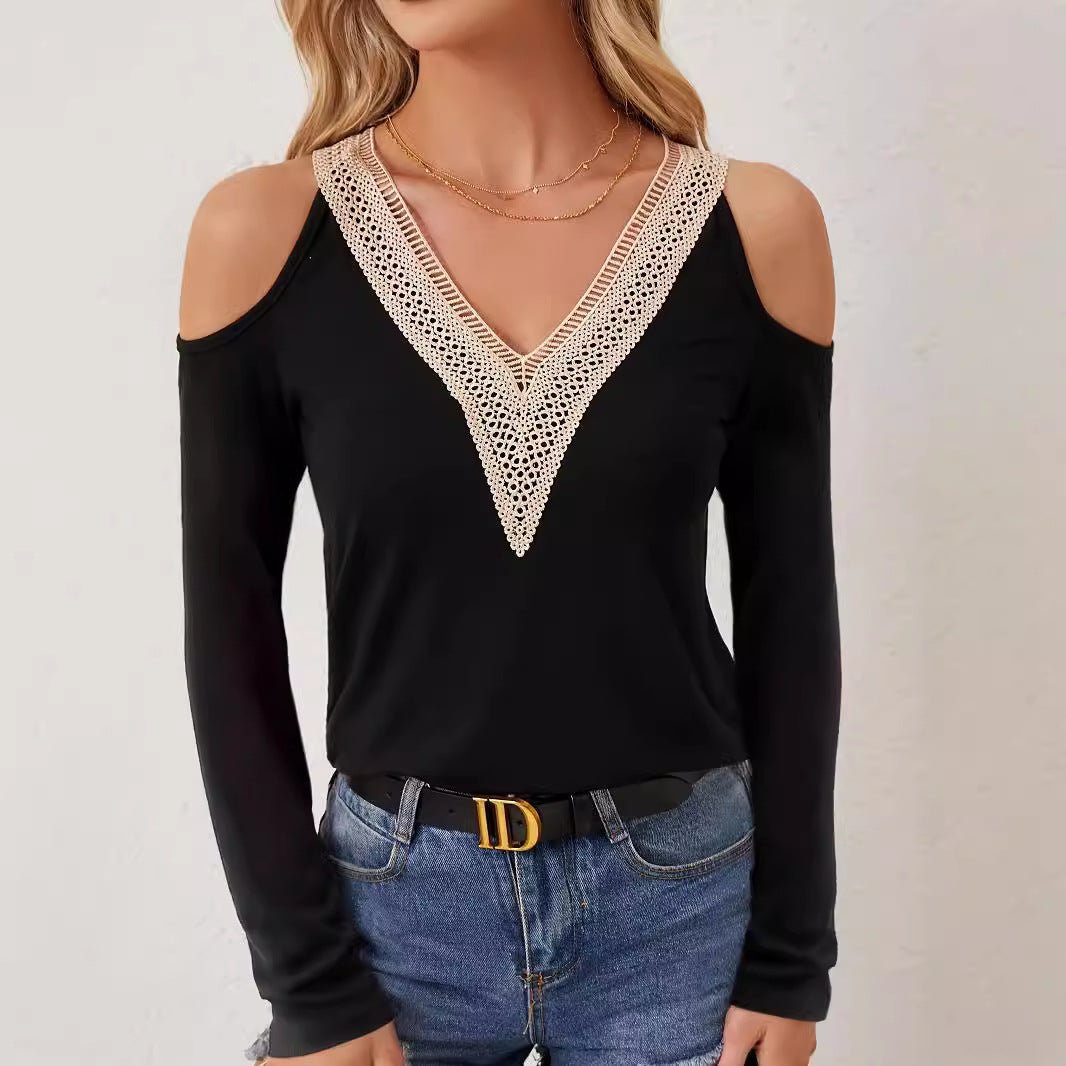 Elegant lace V - neck applique sleeves hollow long - sleeved solid color T-shirt slim top women - Negative Apparel