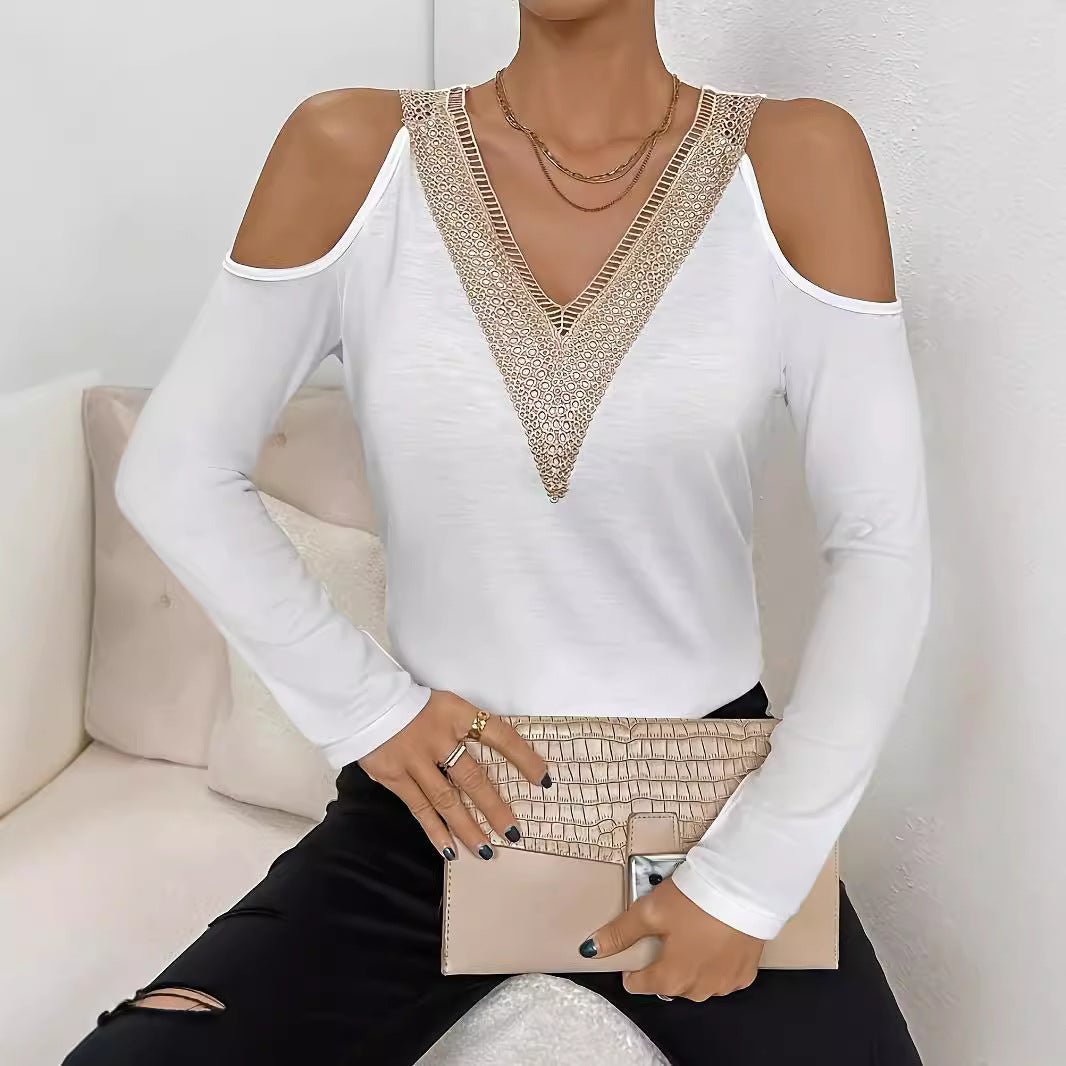 Elegant lace V - neck applique sleeves hollow long - sleeved solid color T-shirt slim top women - Negative Apparel