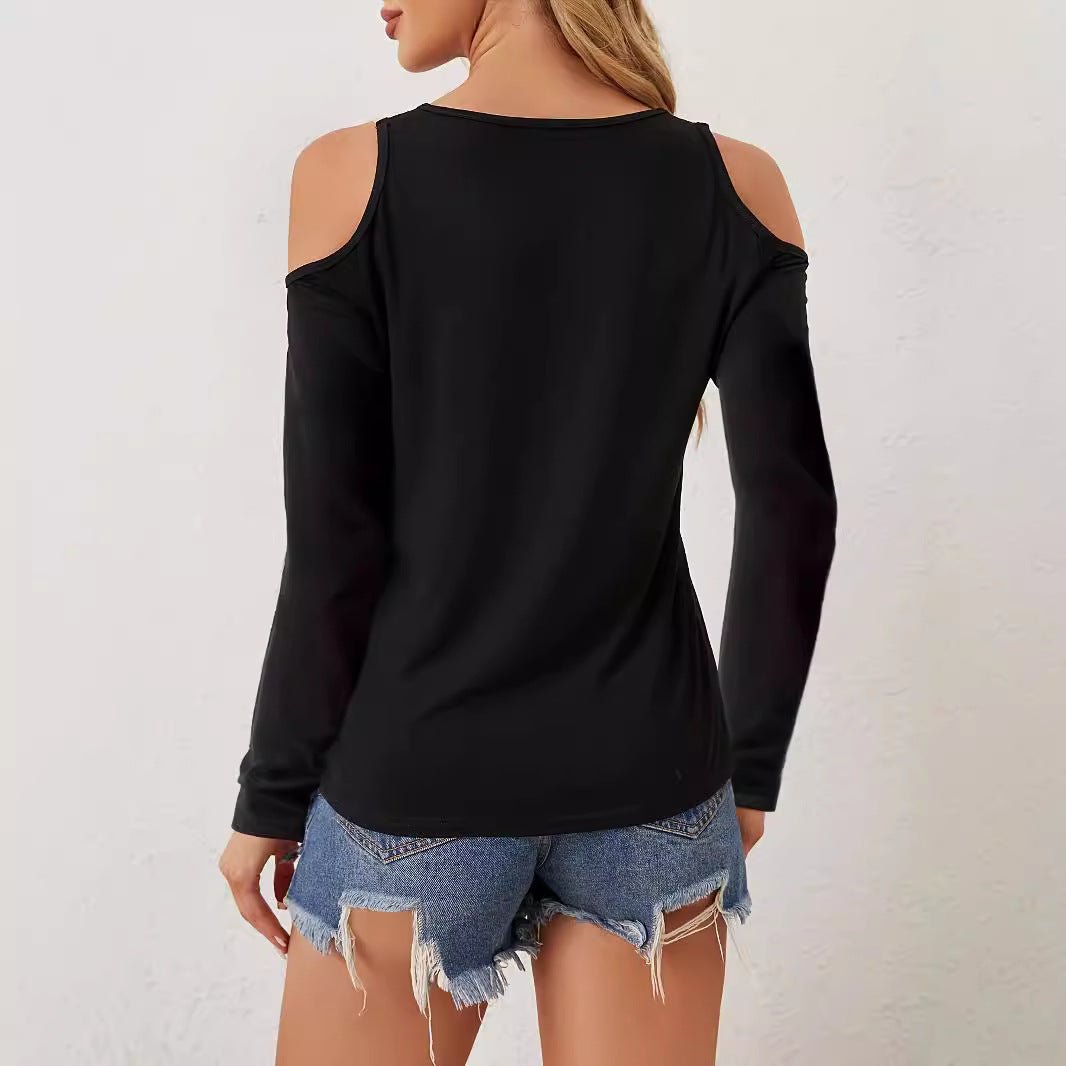 Elegant lace V - neck applique sleeves hollow long - sleeved solid color T-shirt slim top women - Negative Apparel