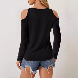 Elegant lace V - neck applique sleeves hollow long - sleeved solid color T-shirt slim top women - Negative Apparel