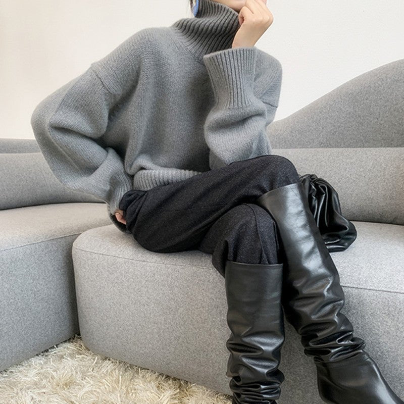 Elegant Lady Style Turtleneck Sweater – Solid Color Loose Fit Knit Top - Negative Apparel