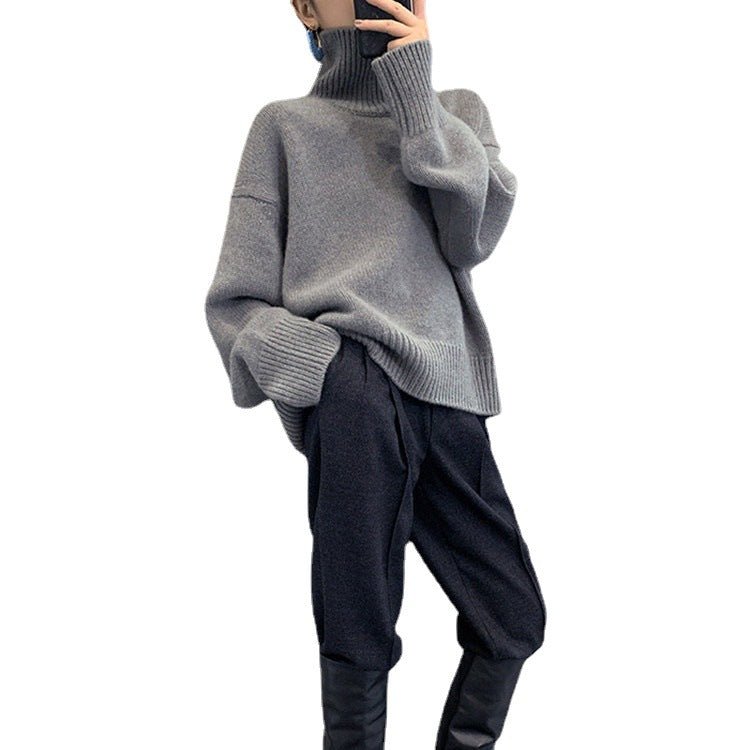 Elegant Lady Style Turtleneck Sweater – Solid Color Loose Fit Knit Top - Negative Apparel