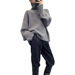 Elegant Lady Style Turtleneck Sweater – Solid Color Loose Fit Knit Top - Negative Apparel