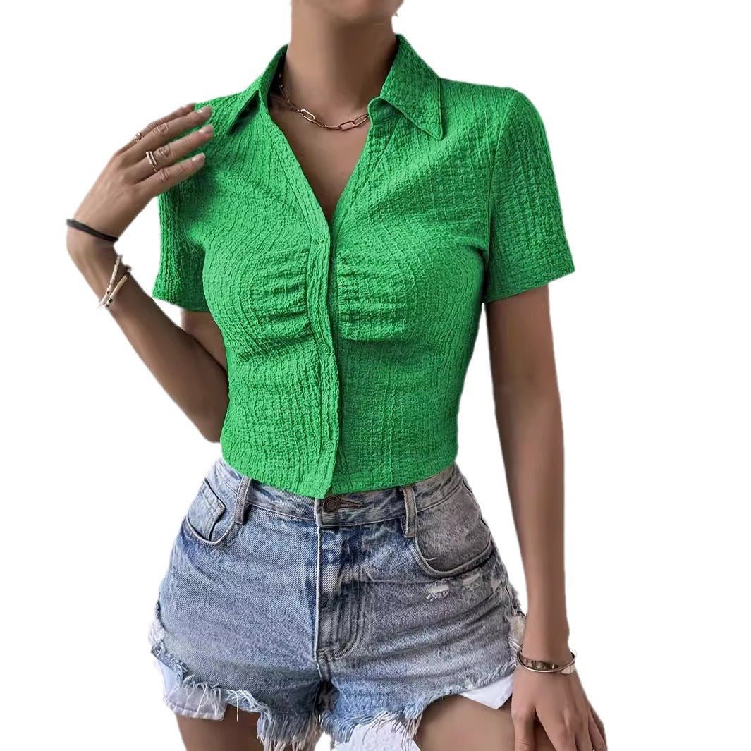 Elegant new solid color fashion breathable knitted short shirt short sleeve women's top - Negative Apparel