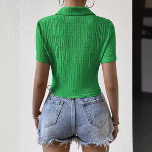 Elegant new solid color fashion breathable knitted short shirt short sleeve women's top - Negative Apparel