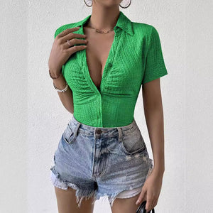 Elegant new solid color fashion breathable knitted short shirt short sleeve women's top - Negative Apparel