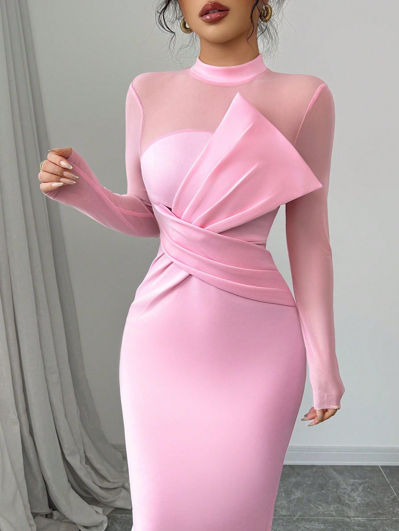 Elegant Quality Mesh Panel Long Sleeve Midi Dress, Waist Defined Party Dress With Slit - 12 (XL) / Pink Elegant Quality Mesh Panel Long Sleeve Midi Dress, Waist Defined Party Dress With Slit - 12 (XL) / Pink