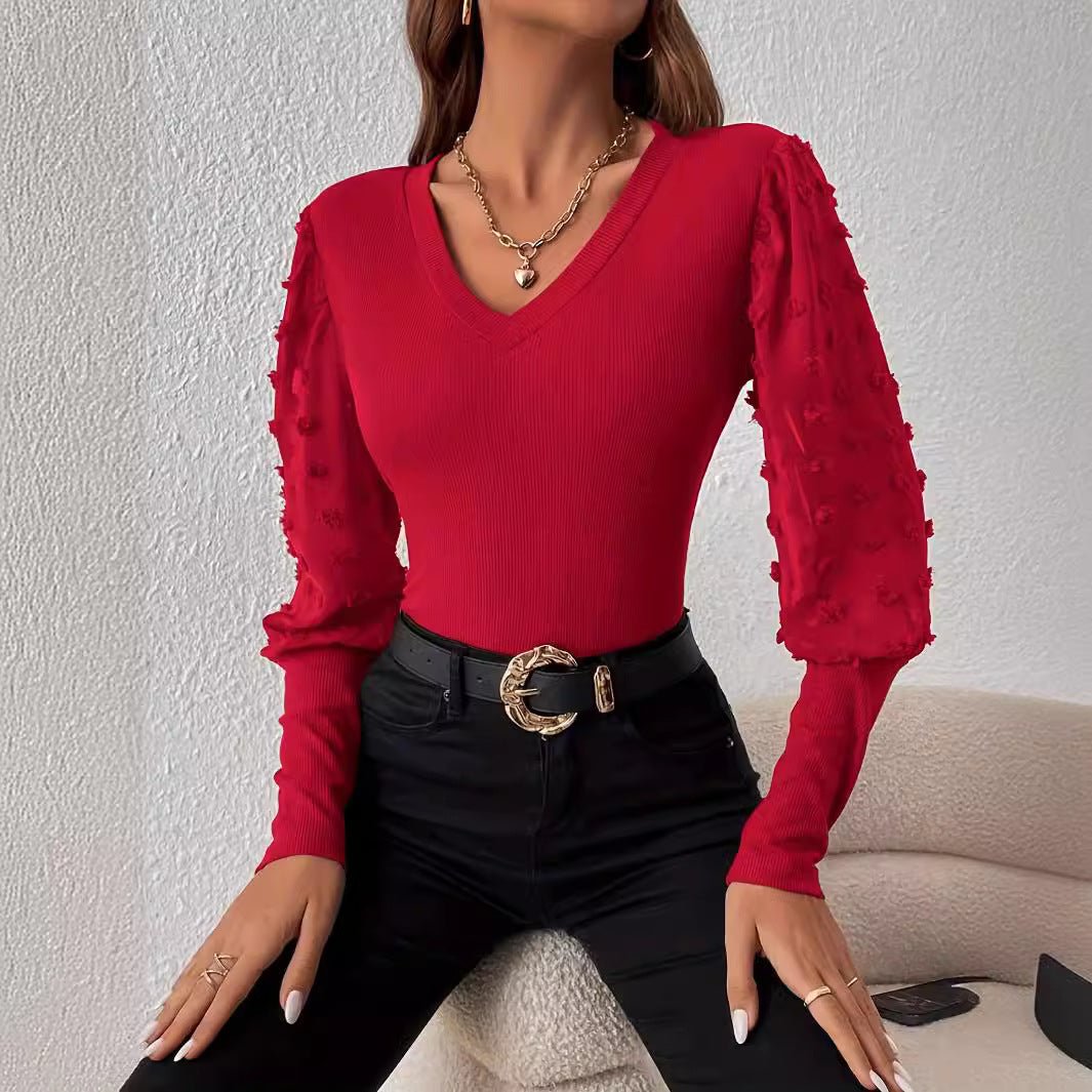 Elegant ribbed V leader chiffon splicing long - sleeved solid color T-shirt - Negative Apparel