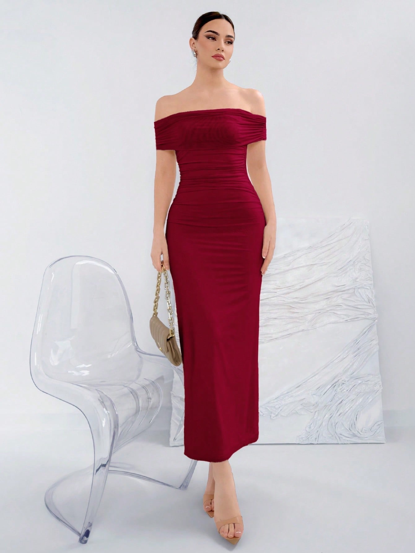 Elegant Ruched Off-Shoulder Bodycon Dress For Summer - Negat Negative Apparel Elegant Ruched Off-Shoulder Bodycon Dress For Summer - Negat Negative Apparel