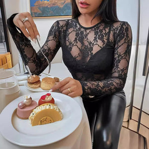 Elegant single - layer lace bra - free slim - fitting and thin round neck T-shirt long - sleeved top - Negative Apparel