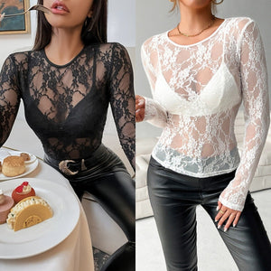 Elegant single - layer lace bra - free slim - fitting and thin round neck T-shirt long - sleeved top - Negative Apparel