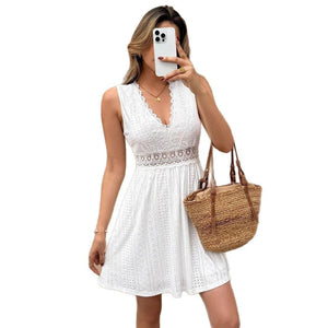 Elegant sleeveless V - neck lace splicing jacquard casual dress - Negative Apparel