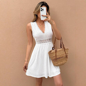 Elegant sleeveless V - neck lace splicing jacquard casual dress - Negative Apparel