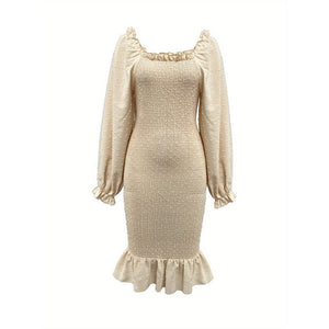 Elegant solid color fungus edge long - sleeved dress slim square neck hip - wrapped fishtail dress - Negative Apparel