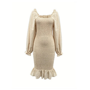 Elegant solid color fungus edge long - sleeved dress slim square neck hip - wrapped fishtail dress - Negative Apparel