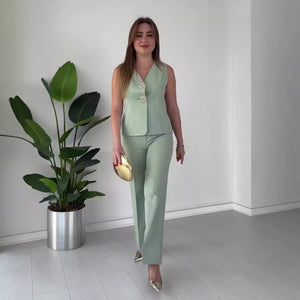 Elegant solid color V - neck sleeveless vest high waist wide leg pants suit - Negative Apparel