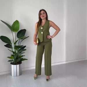 Elegant solid color V - neck sleeveless vest high waist wide leg pants suit - Negative Apparel