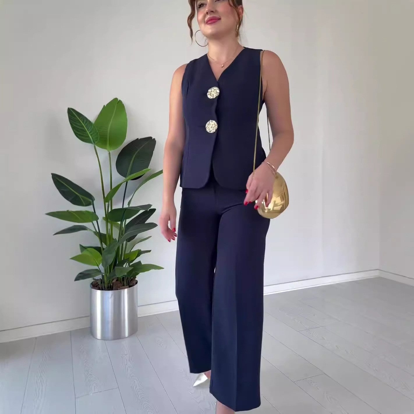 Elegant solid color V - neck sleeveless vest high waist wide leg pants suit - Negative Apparel