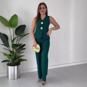 Elegant solid color V - neck sleeveless vest high waist wide leg pants suit - Negative Apparel