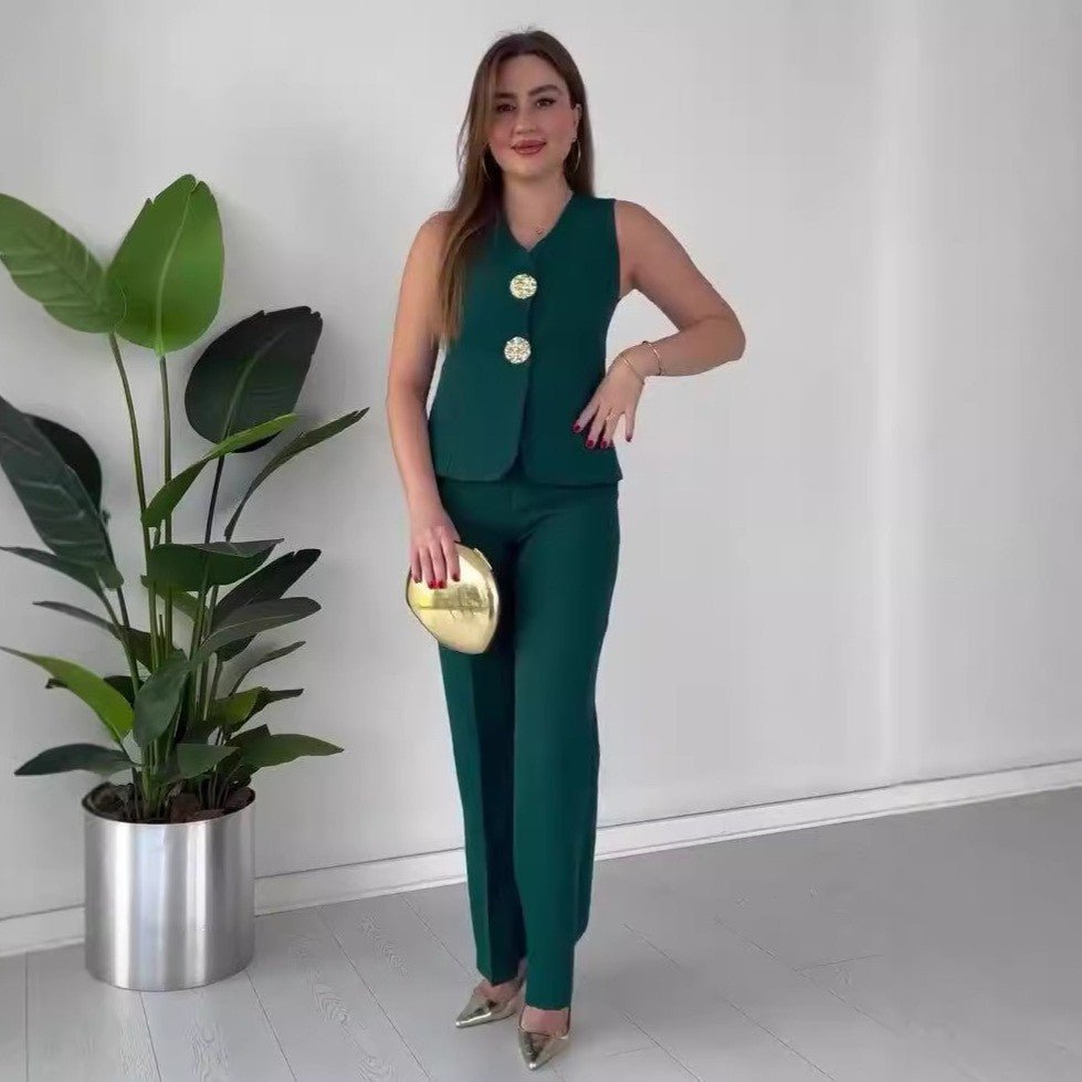 Elegant solid color V - neck sleeveless vest high waist wide leg pants suit - Negative Apparel